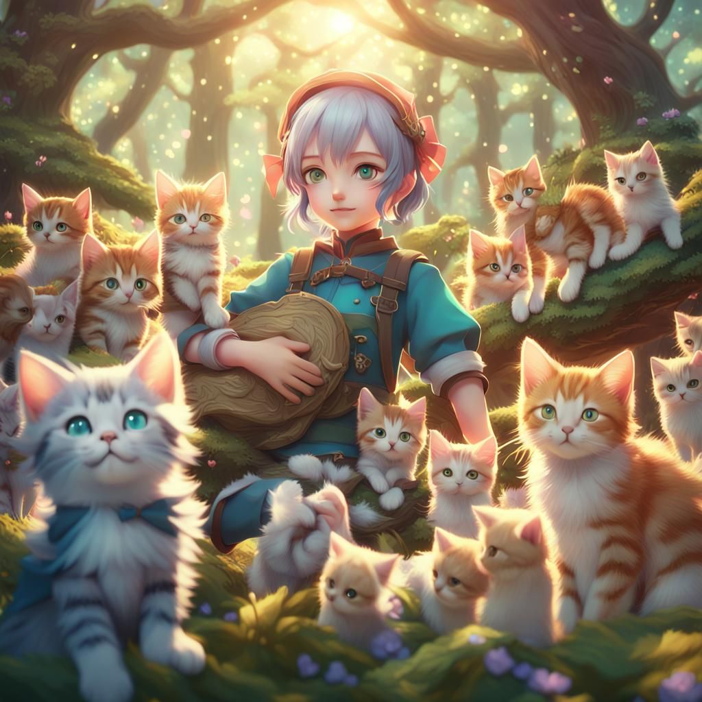 Whimsical Kitten Wrangler in 3D Anime Style