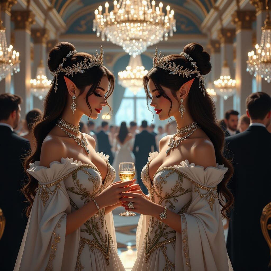 Elves in Gilded Age Ballroom, Art Nouveau Style