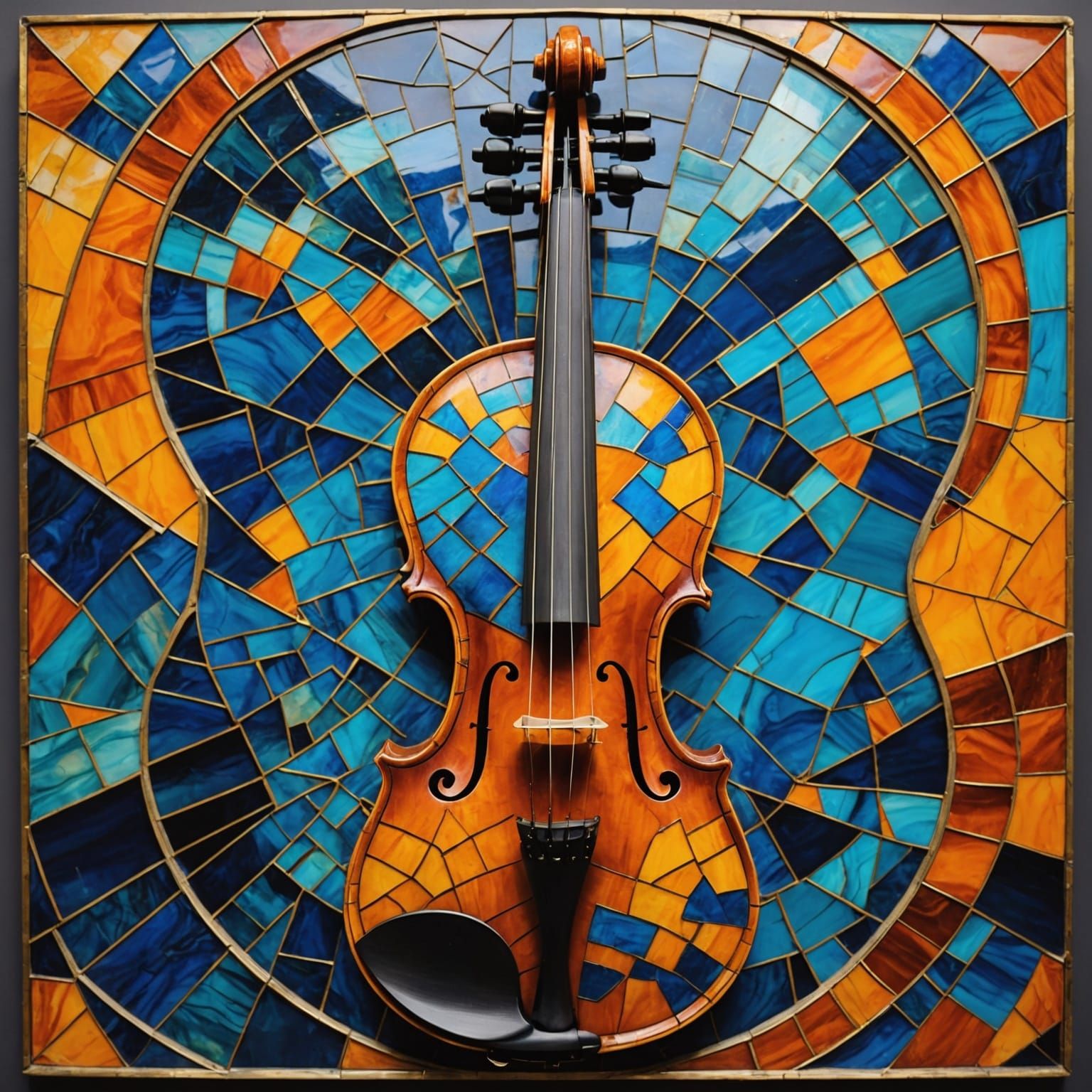 Ancient Lacquerware Violin in Vibrant Geometric Mosaic