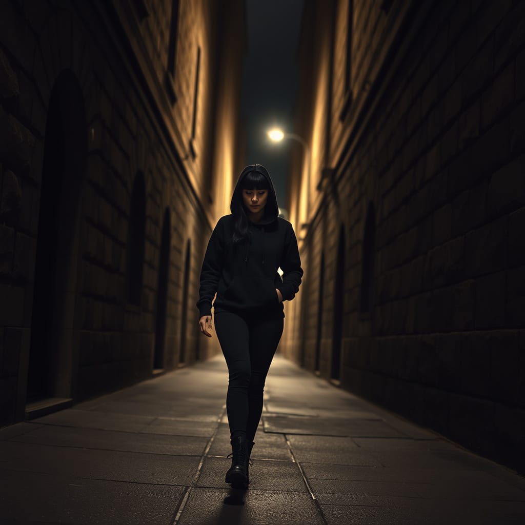 Mysterious Woman Walks Down a Dark, Narrow Street in Hyperre...