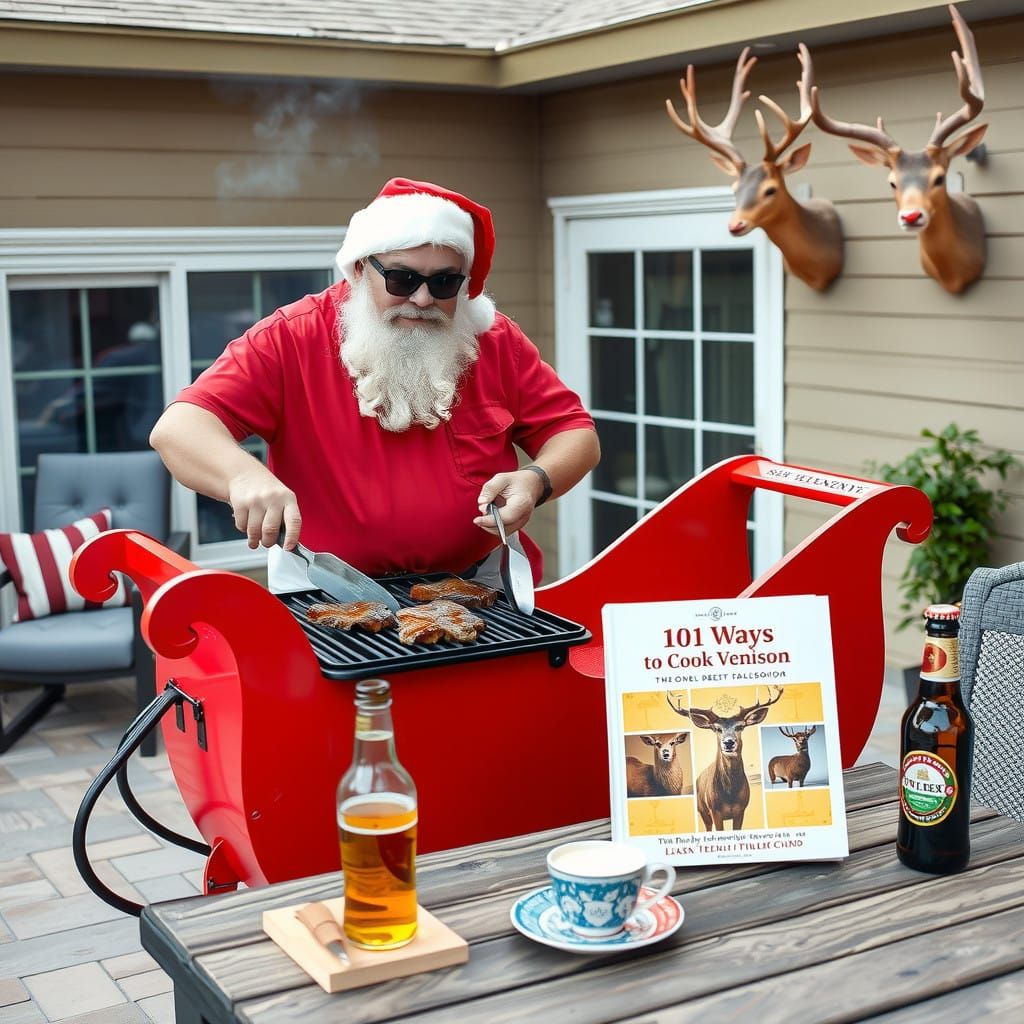 Santa's Summer Grill Party in Red Shorts