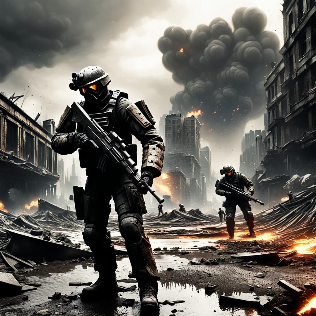Futuristic Soldiers Clash in Ruined City, Gritty Digital Art