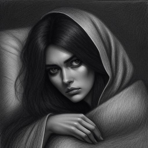 Scared Princess in Darkness: Charcoal Drawing