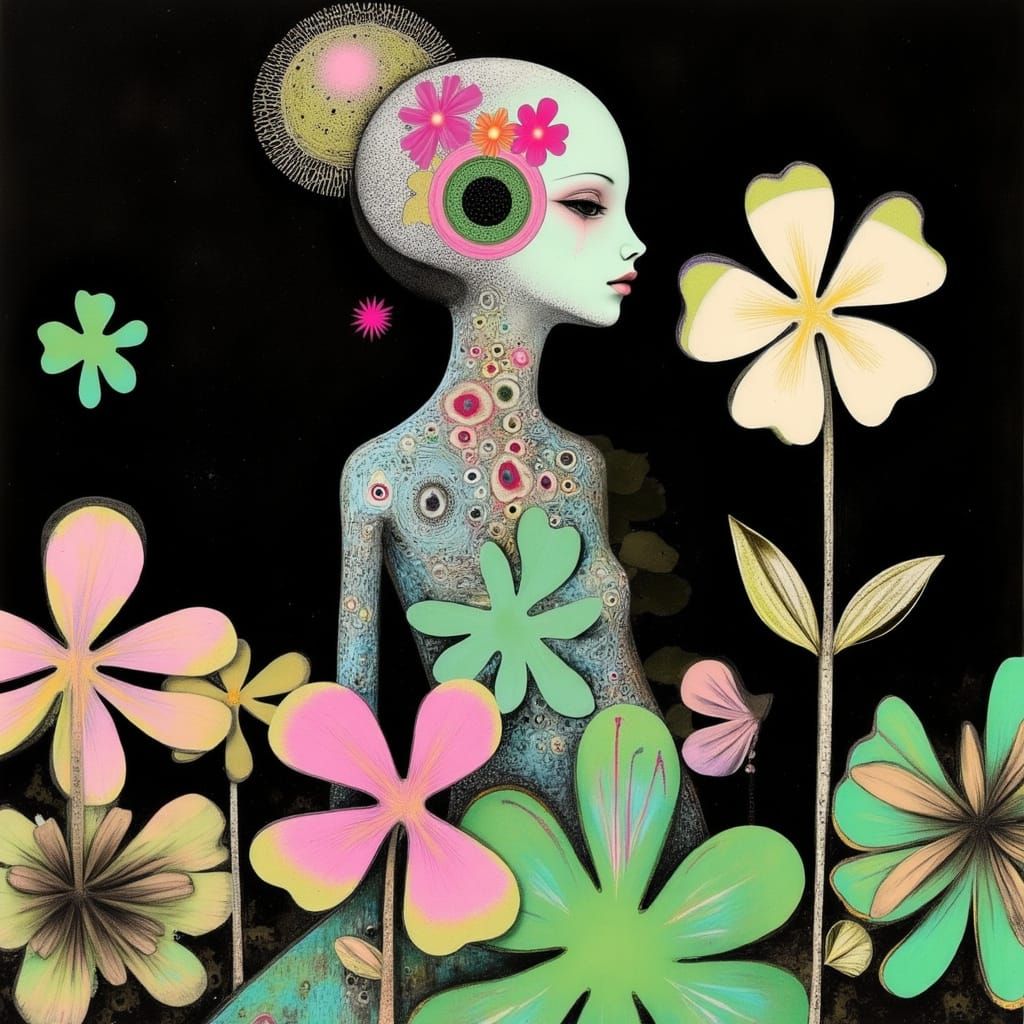 Abstract Biomechanical Woman in Dark World with Clover Accen...