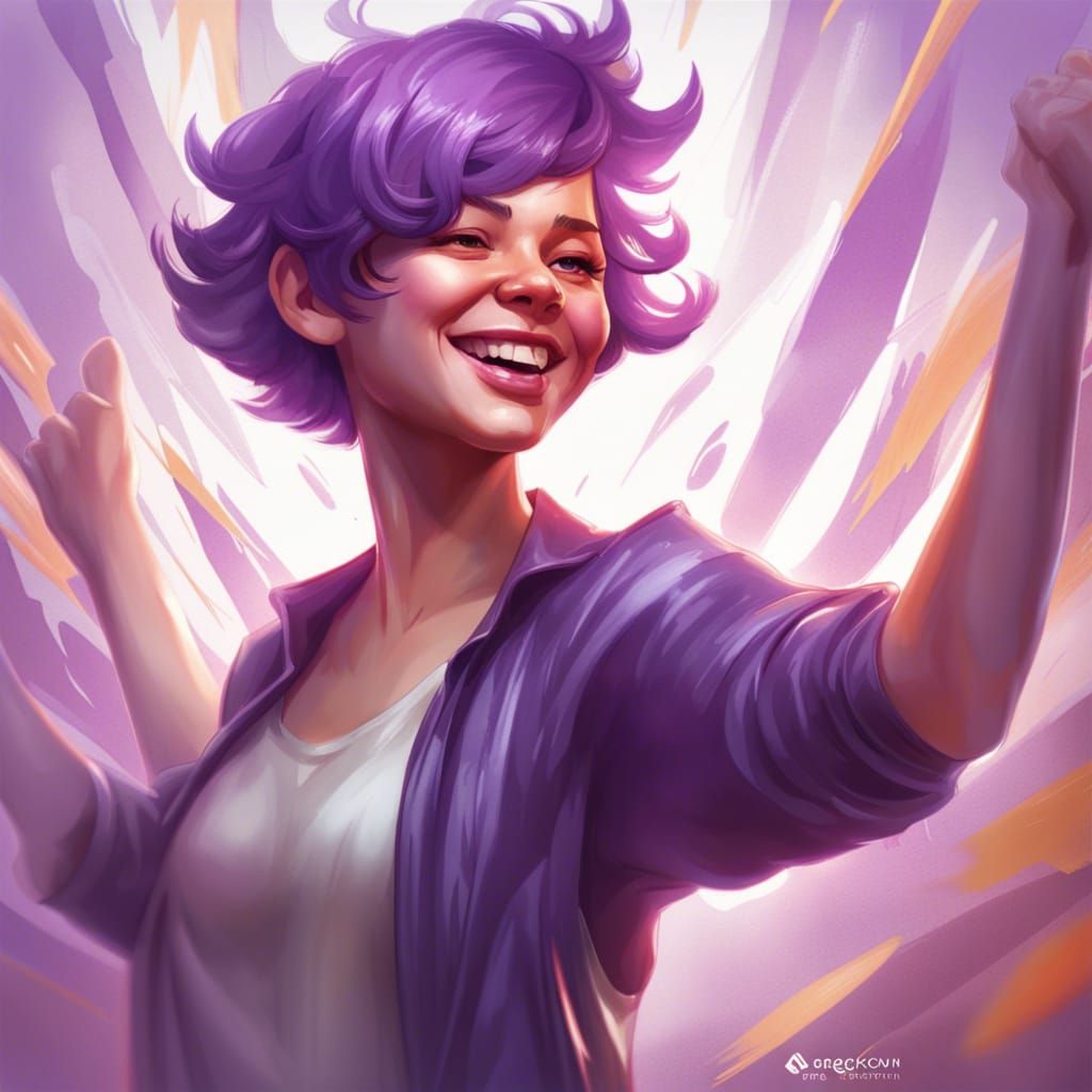 Excited Person with Purple Hair, Detailed Digital Art