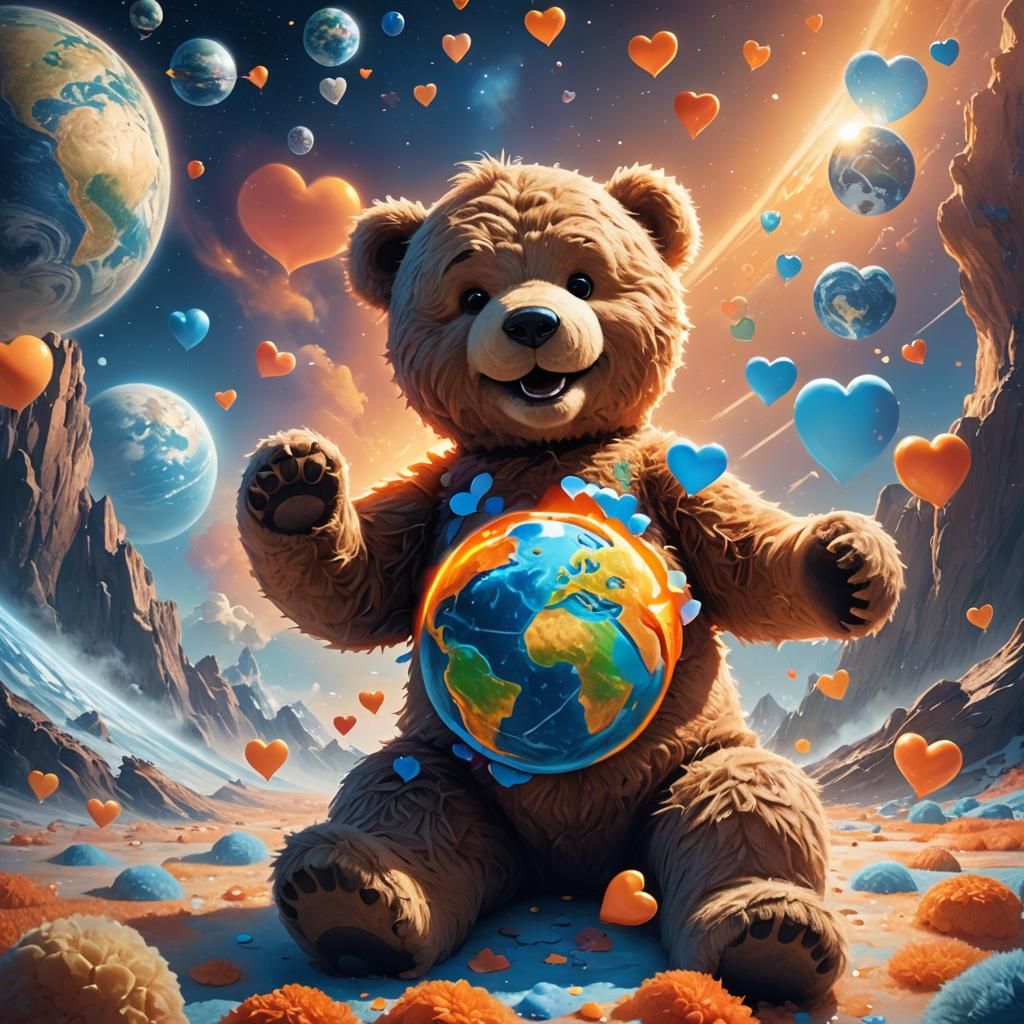 Teddy Bear Cuddles Earth in Surreal Matte Painting