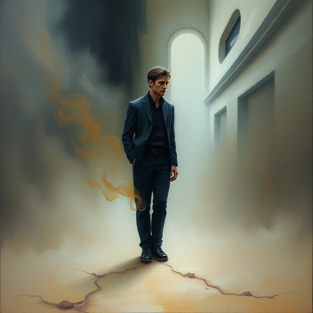 Introspective Figure Emerges from Dreamscape in Surreal Styl...