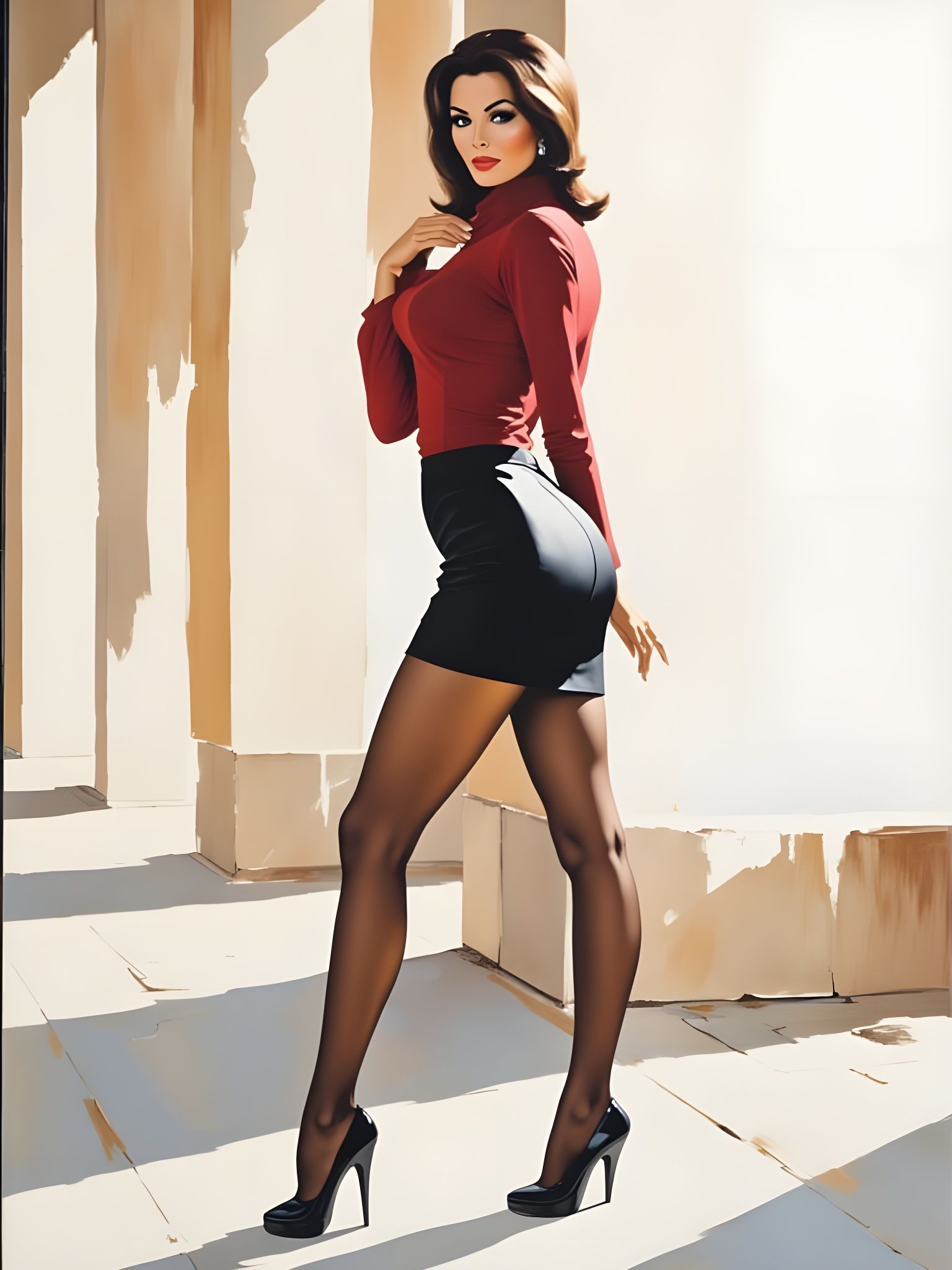 Brunette in Temple: 1960s Impressionist Painting