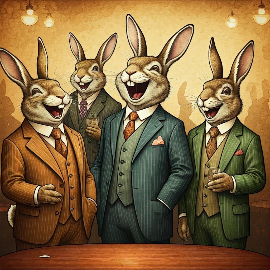 Anthropomorphic Rabbits Laughing in 1920s Speakeasy
