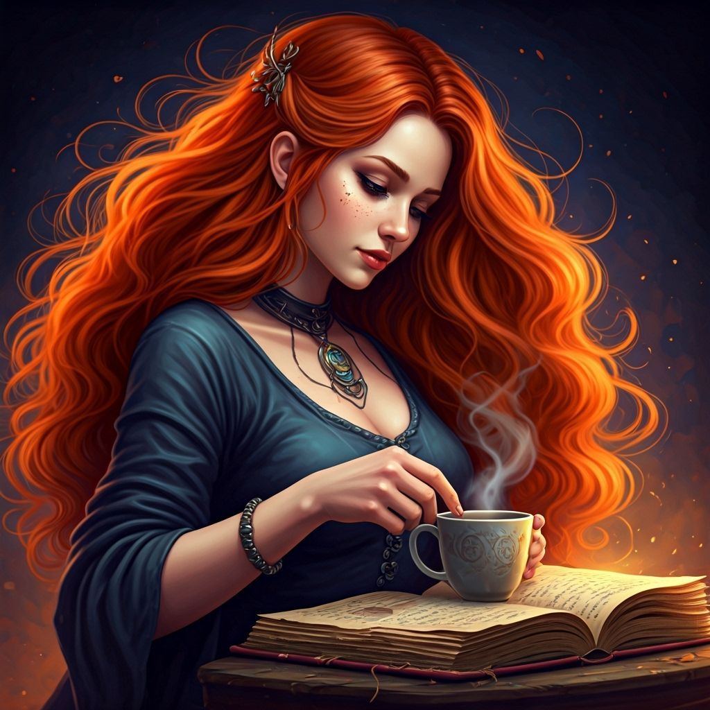 Modern Witch Brewing Coffee with Glowing Spellbook
