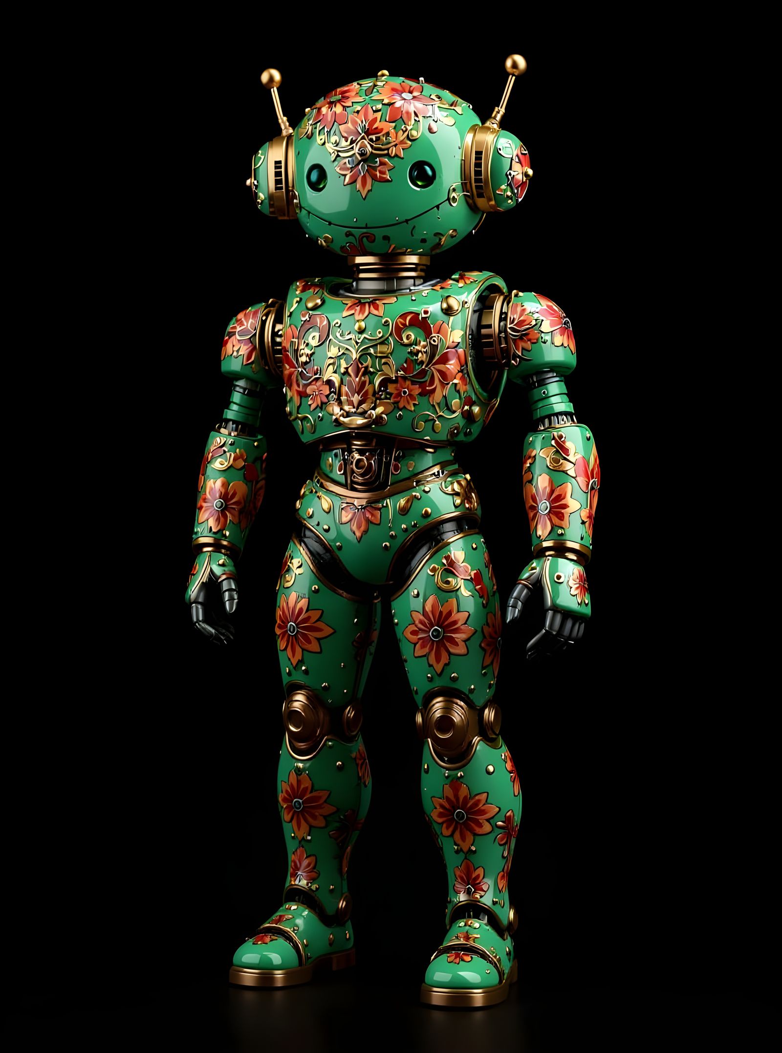 Hunter Green Marble Robot with Floral Pattern