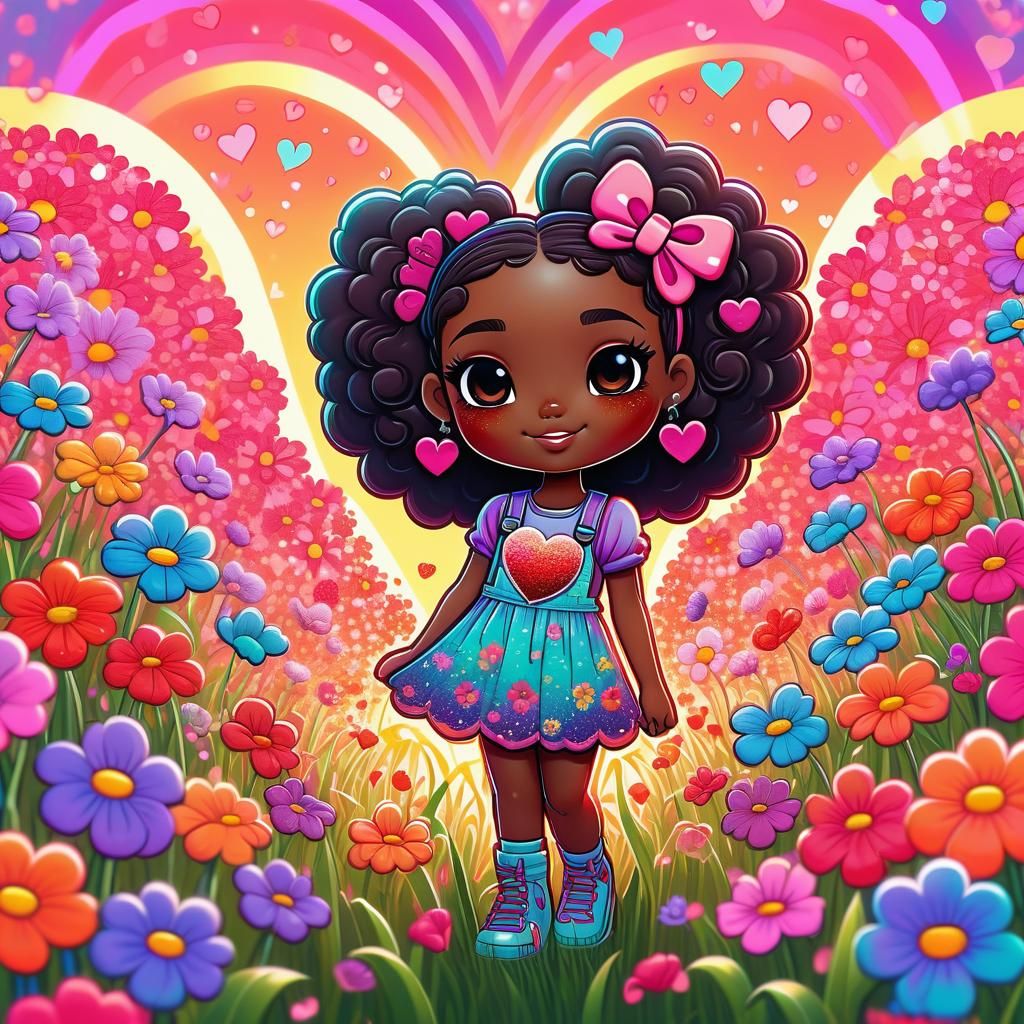 Vibrant Chibi Girl in Heart Flower Field