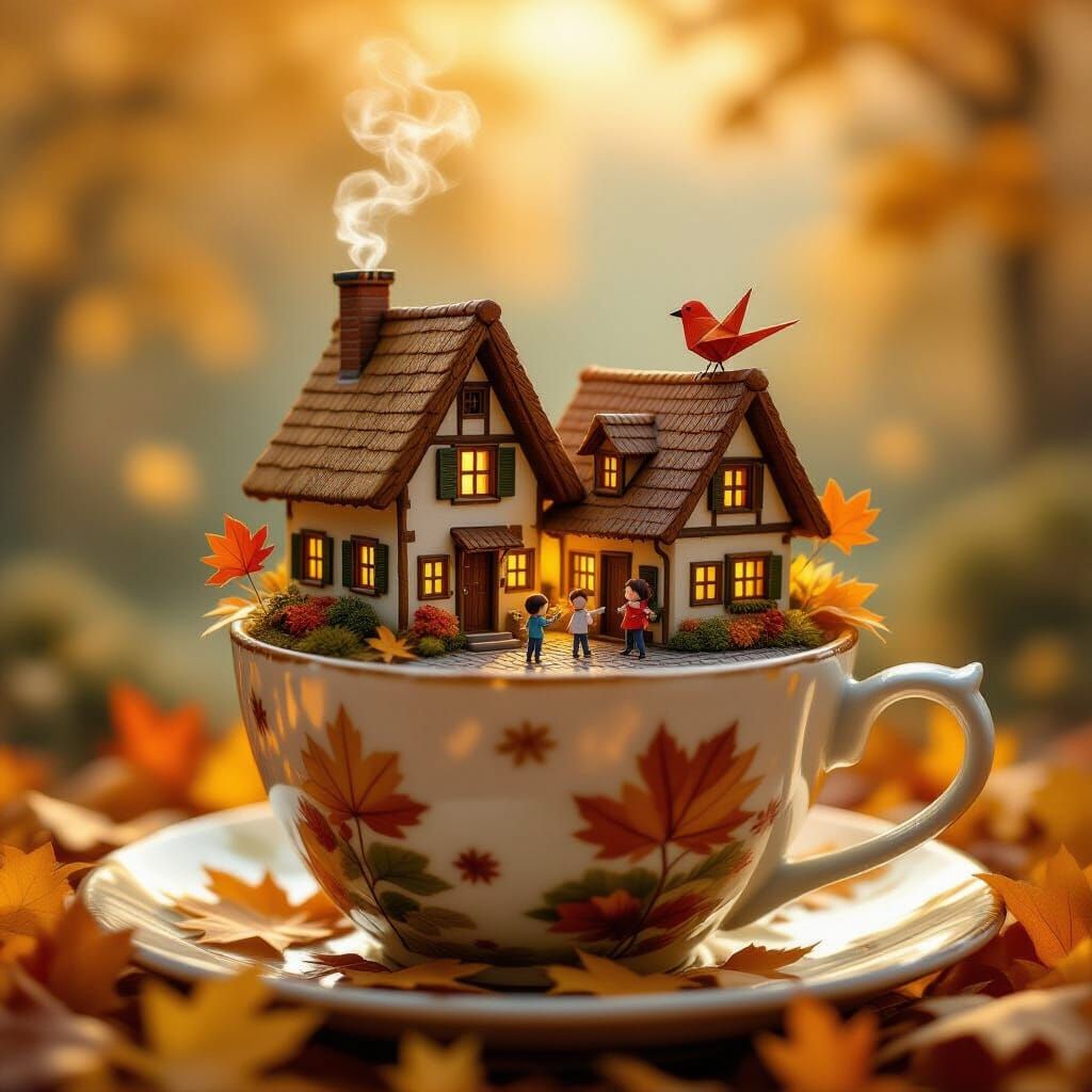 Cozy Autumn Village in Teacup, Whimsical Fantasy Art
