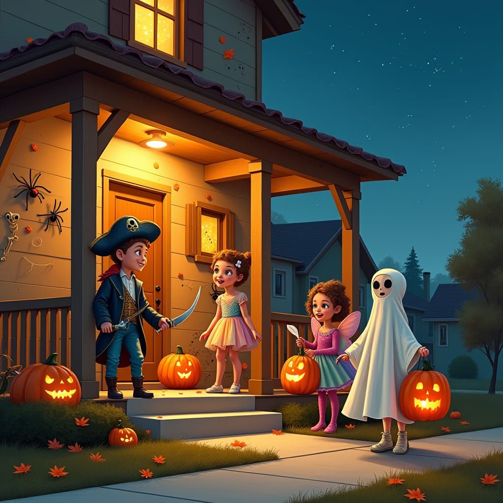 Halloween Night: Children Trick-or-Treating, Rockwell Style