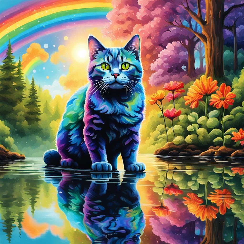 Cat and Reflection: Whimsical Street Art in Forest