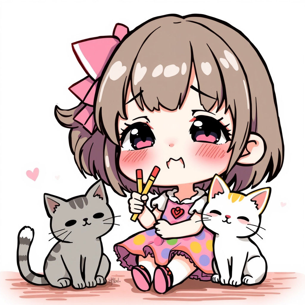 Chibi Girl with Pocky and Cat in Kawaii Style