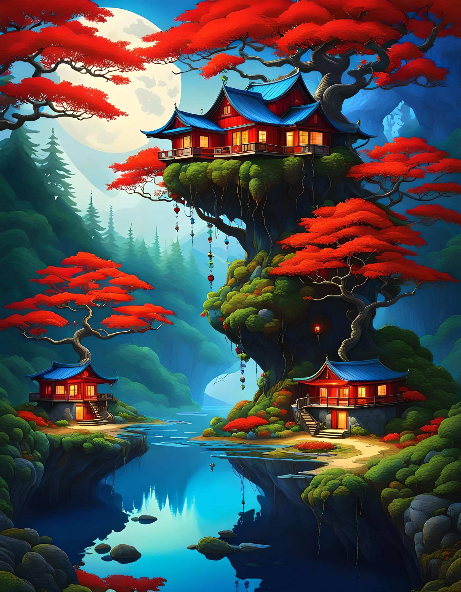 Magical Cottages on Floating Island in Digital Fantasy Art