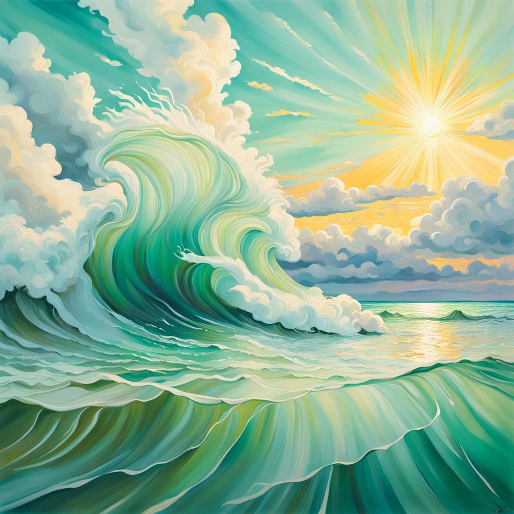 Iridescent Ocean Sunset in Gouache Style