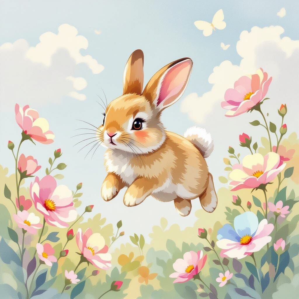 Watercolour Bunny Flying Among Shimmering Daniline Flowers