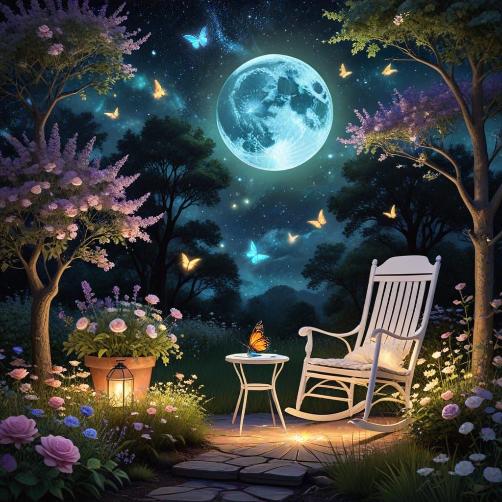 Cosmic Spring Nighttime Scene in Vibrant Mixed Media