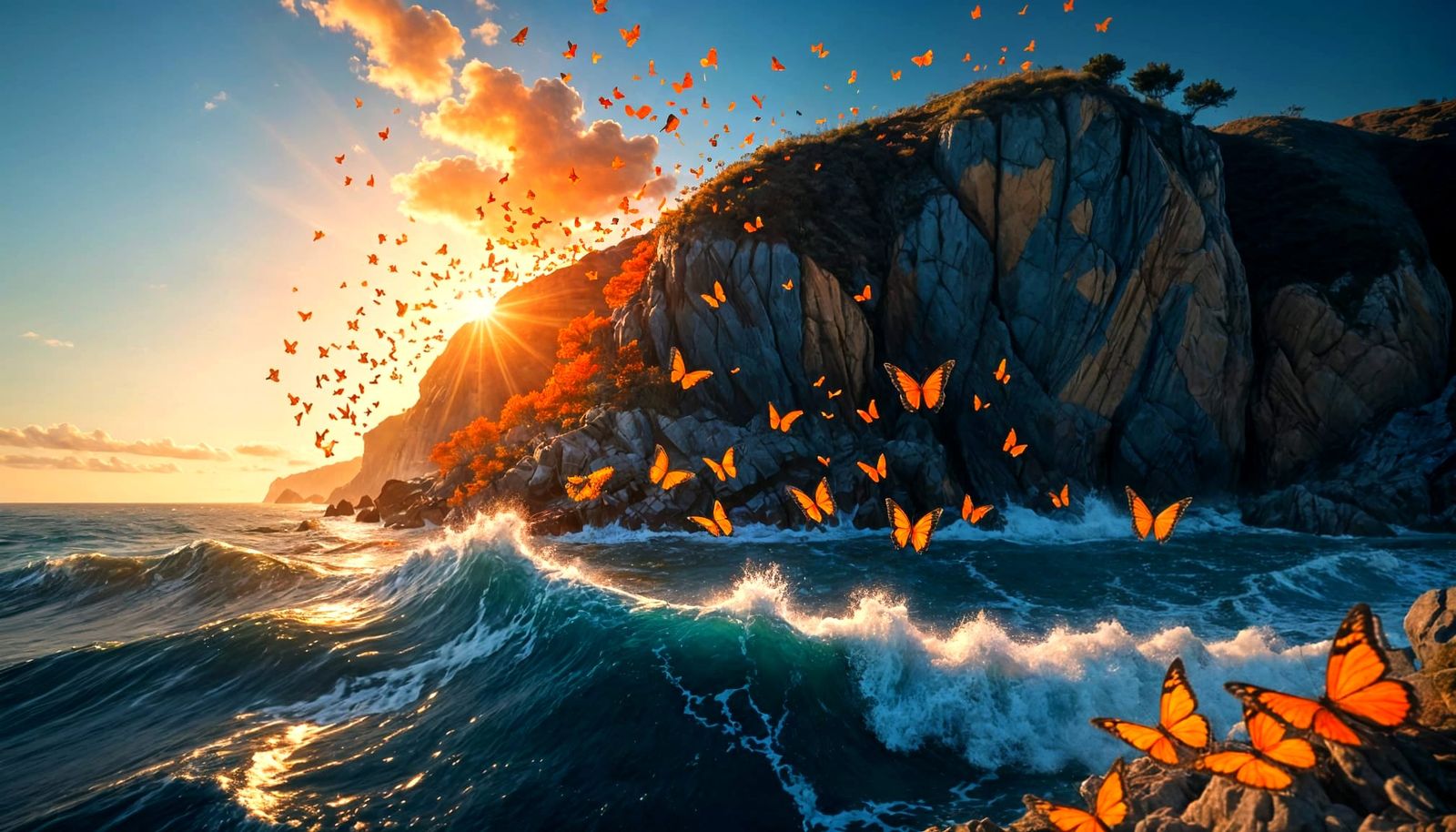 Golden Hour Cliffside with Blue Butterflies