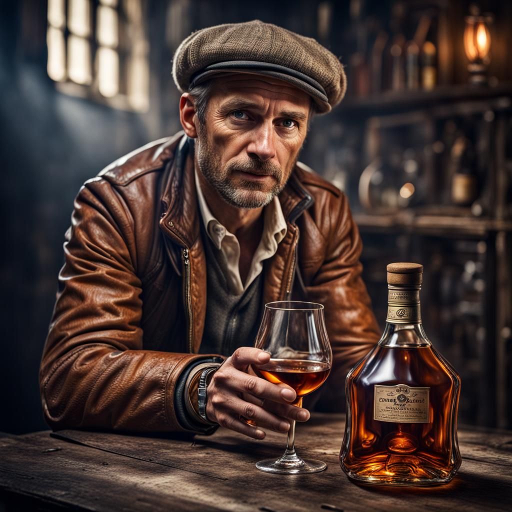 Hyperrealistic Portrait of an Adventurer with Cognac