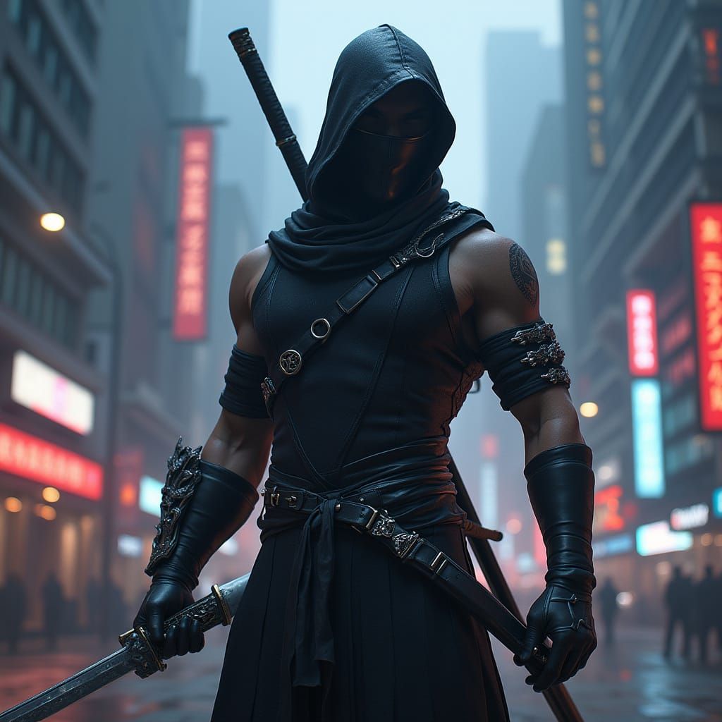 Modern Day Ninja in Futuristic Cityscape with Mythical Eleme...