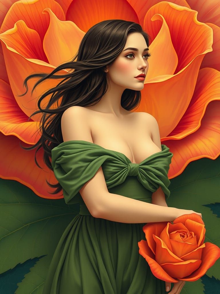 Elegant Woman Emerges from Rose in Art Nouveau Style
