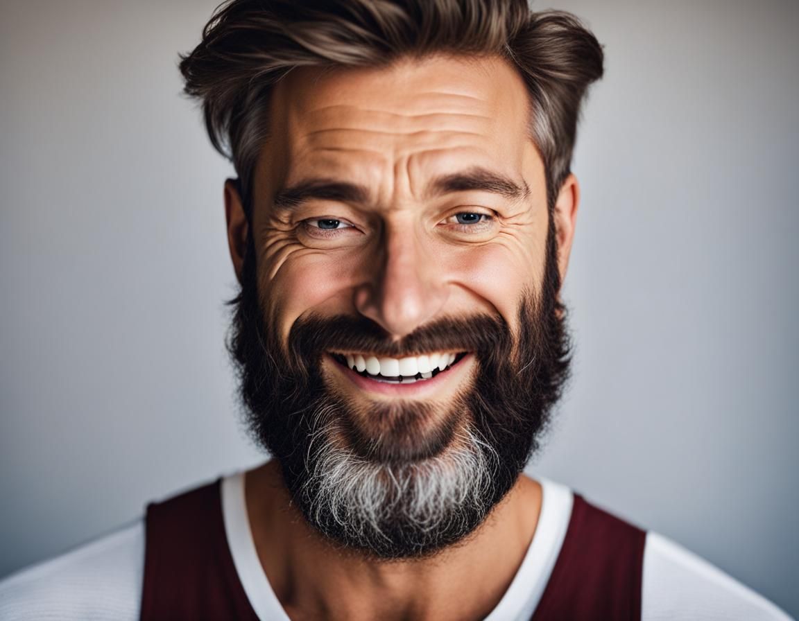 Close Up of a Joyful Bearded Man's Face