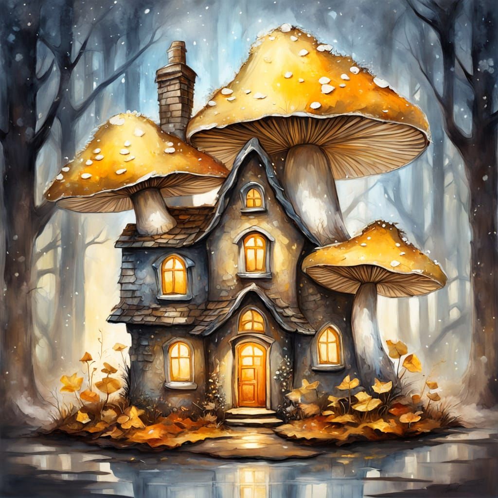 Fairy Tale Mushroom House in Frosty Sunset