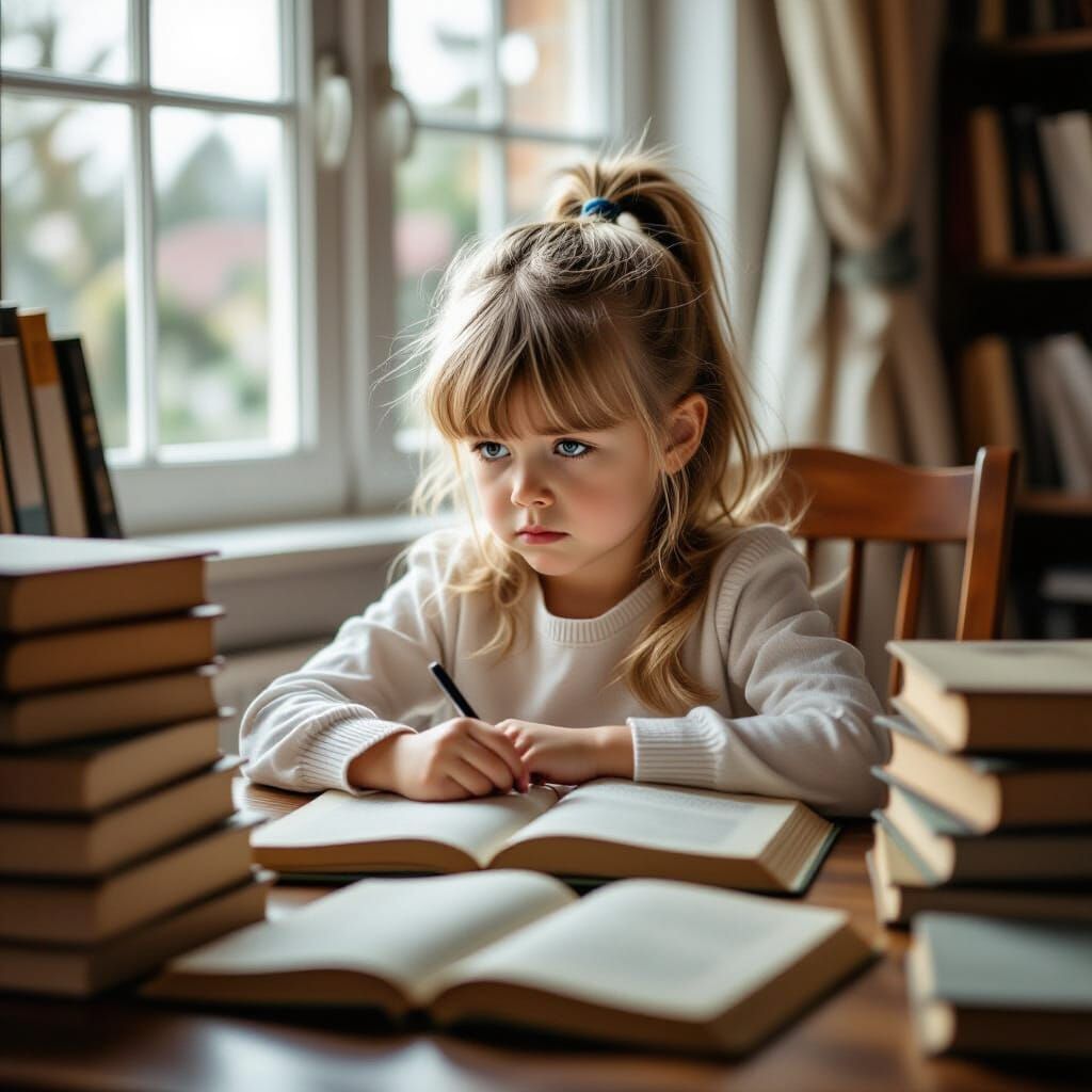Dejected Girl Overwhelmed by Books in Photorealistic Style
