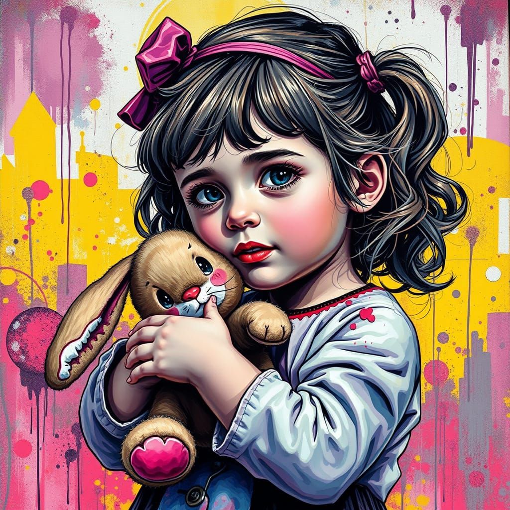 Little Girl Holding Stuffed Bunny in Vibrant Graffiti Art