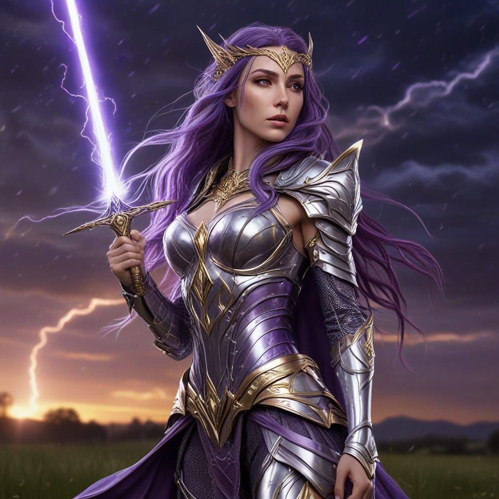 Elven Warrior Princess with Lightning Sword in Hyperreal Sty...