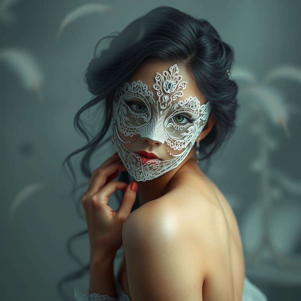 Elegant Woman in Luxurious White Mask, Misty Ethereal Backgr...