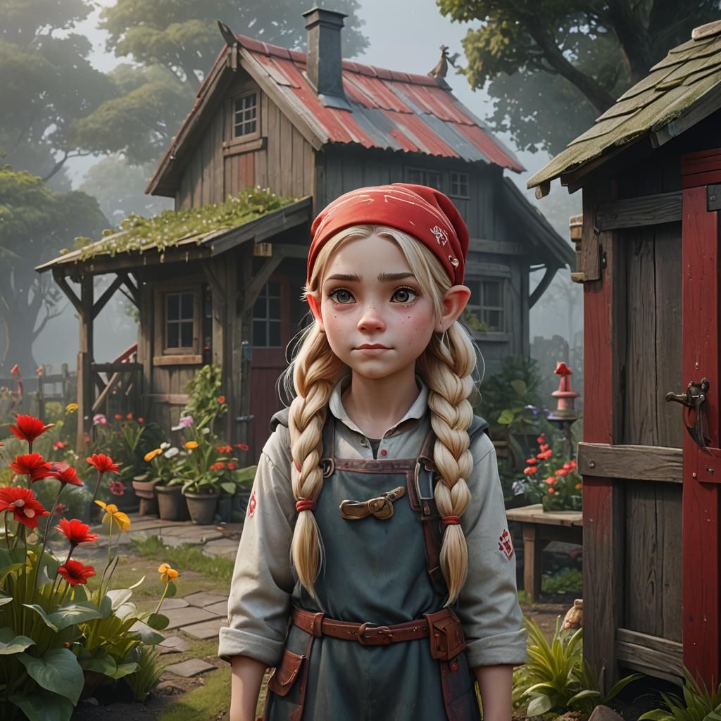 Gnome Girl in Garden, Fantasy Concept Art
