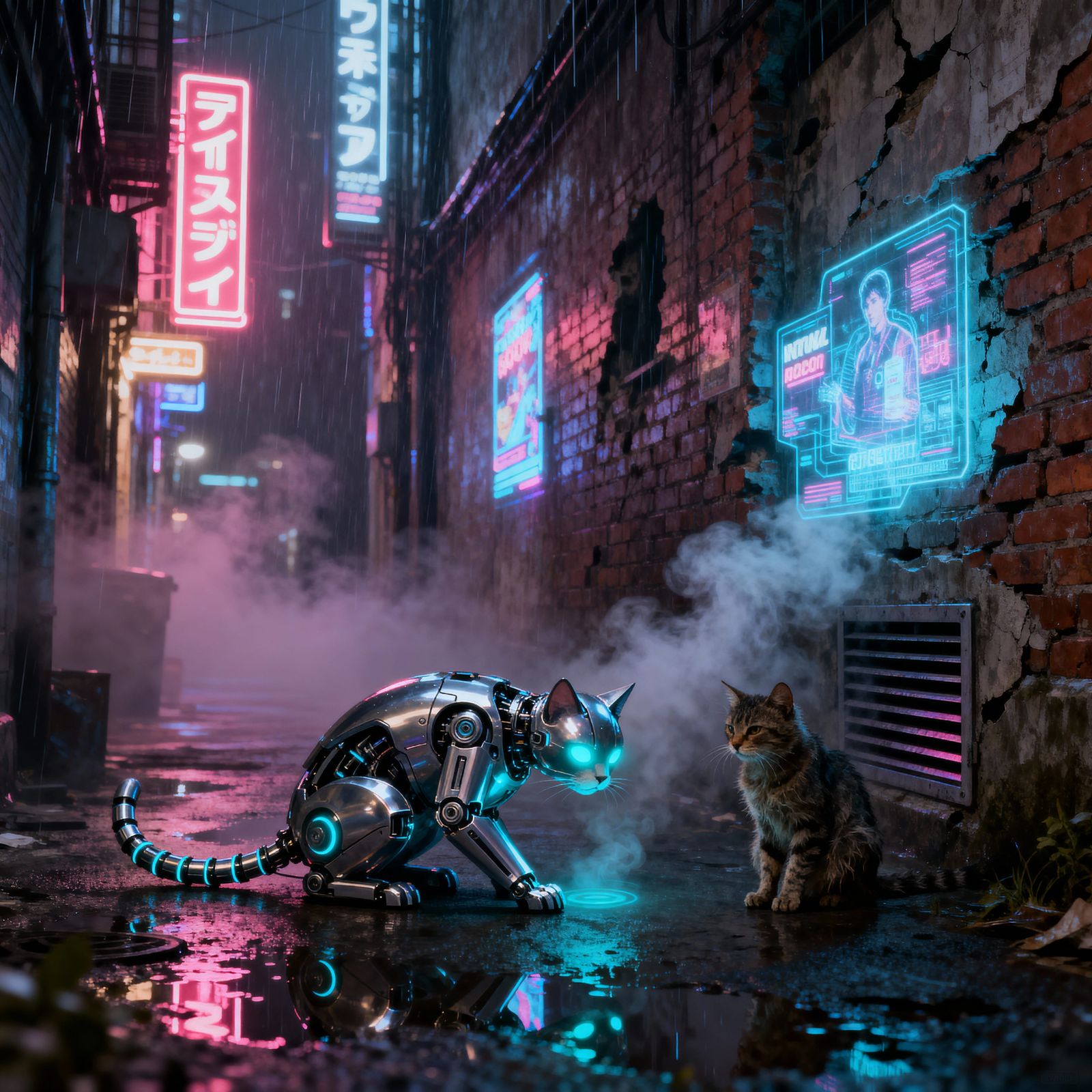Cyberpunk Alley Cats in Neon Rain