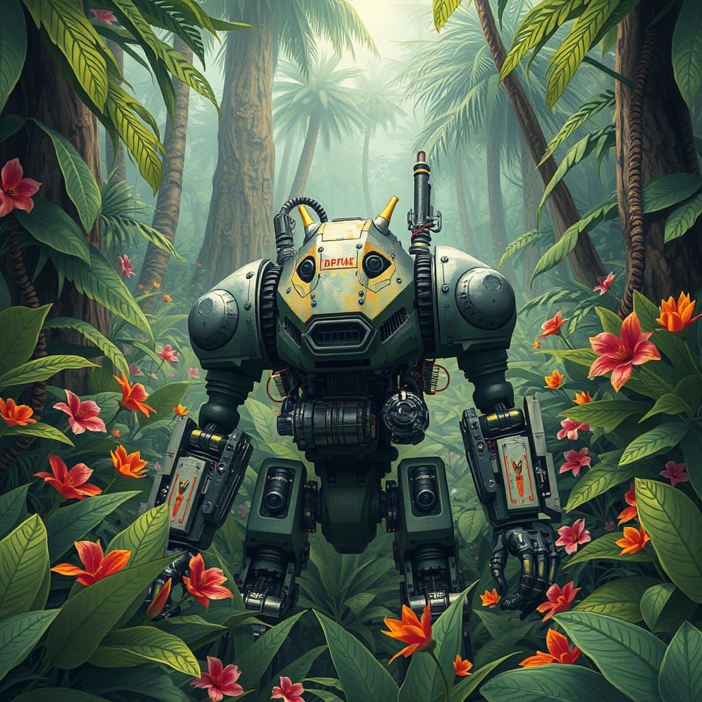 Robot Explorer in Lush Jungle, Vibrant Dynamic Style