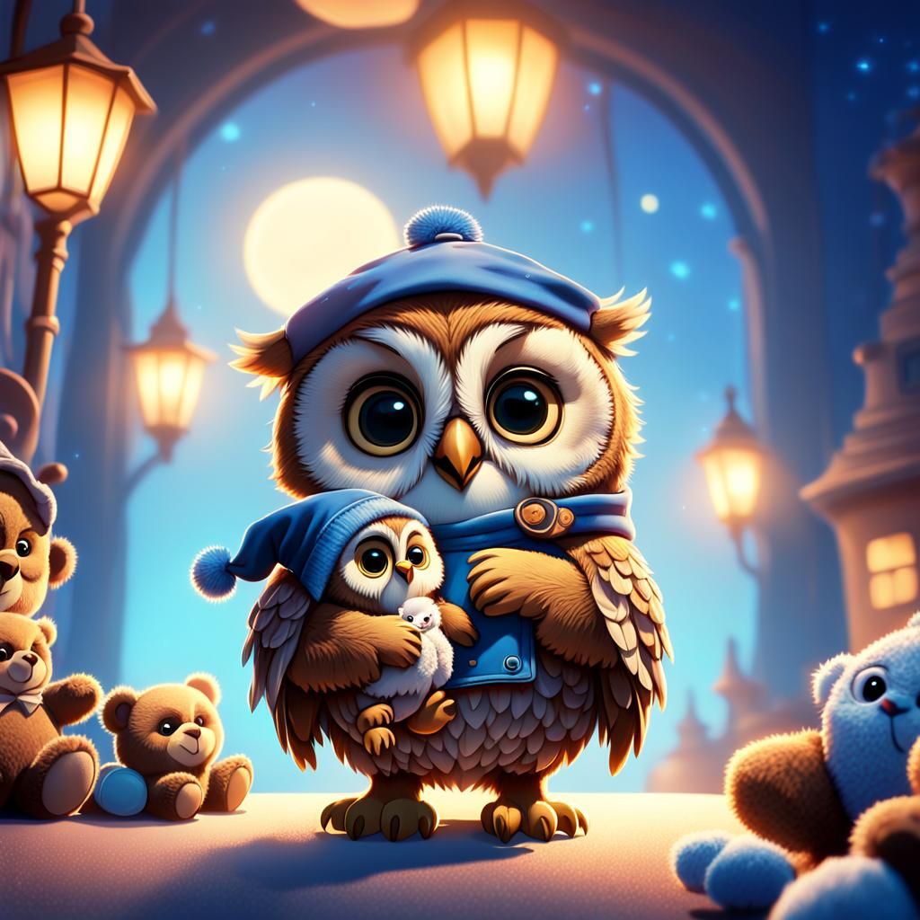 Baby Owl with Teddy Bear in Pixar Style