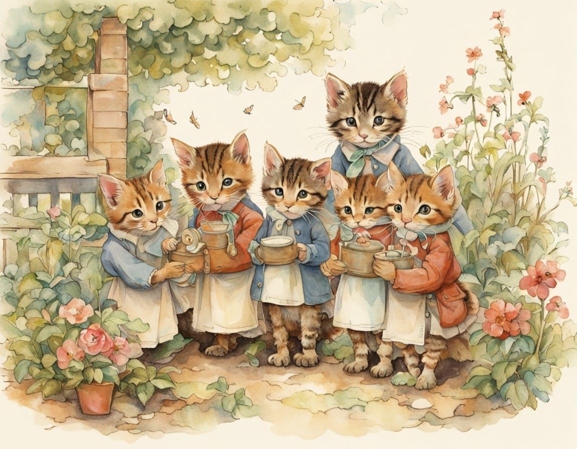 Vintage Kittens in Garden, Beatrix Potter Style