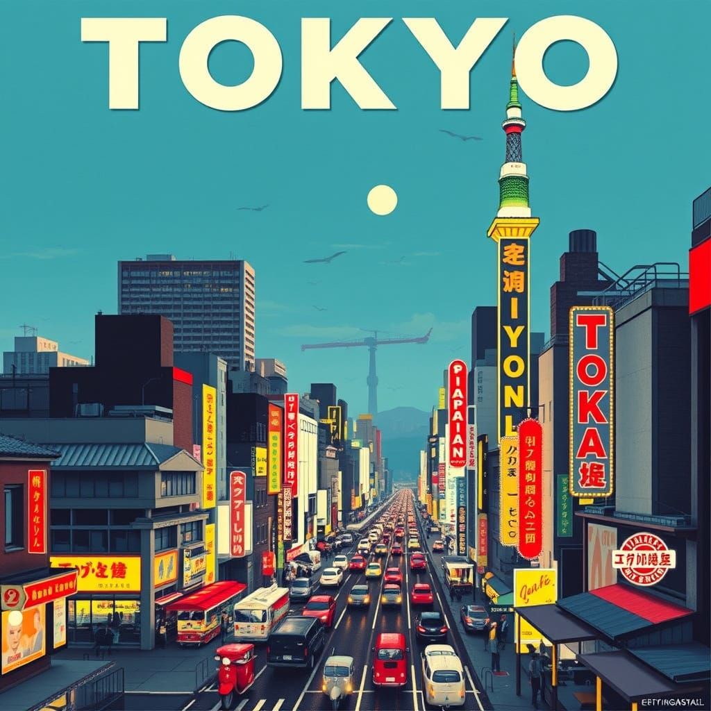 Tokyo Cityscape in Vintage Travel Poster Style