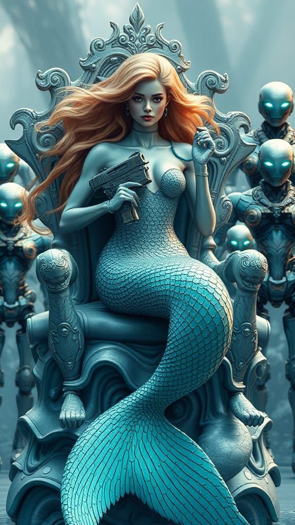 Mermaid Commander with Robot Army, Dreamlike Digital Art
