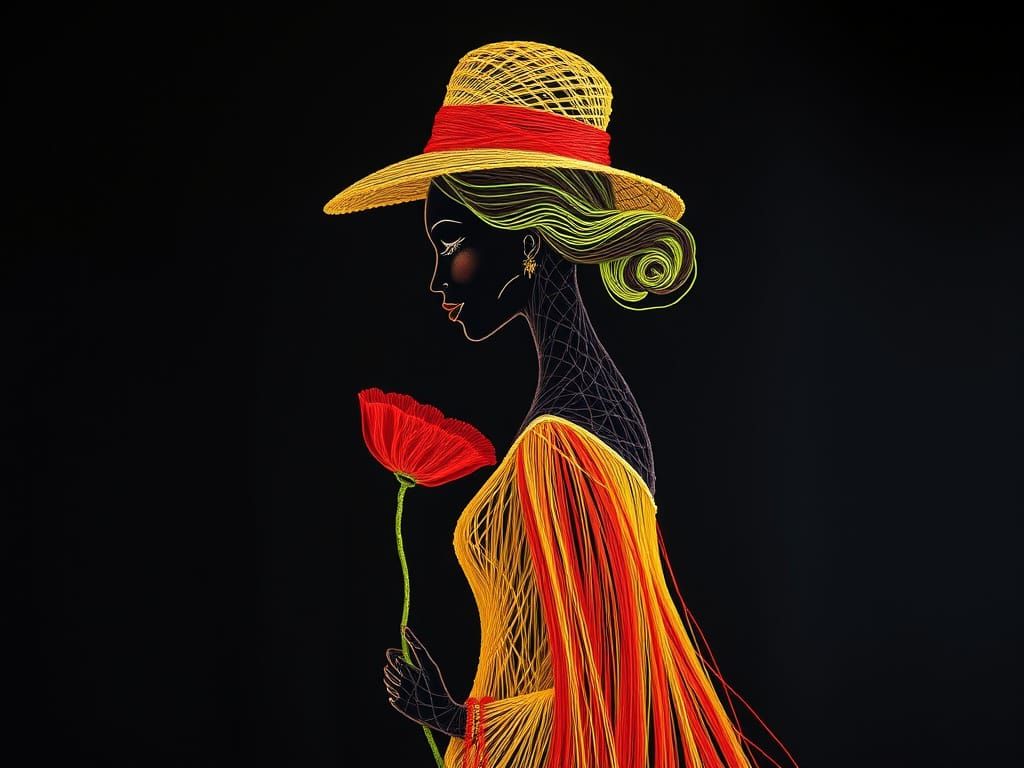 Elegant Woman Made of Thread Wearing Hat and Dress