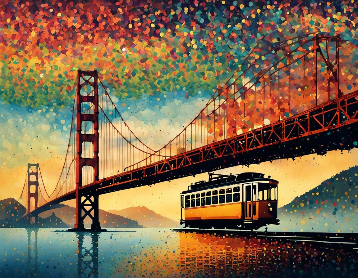 Confetti Tram Silhouette Under Golden Gate Bridge