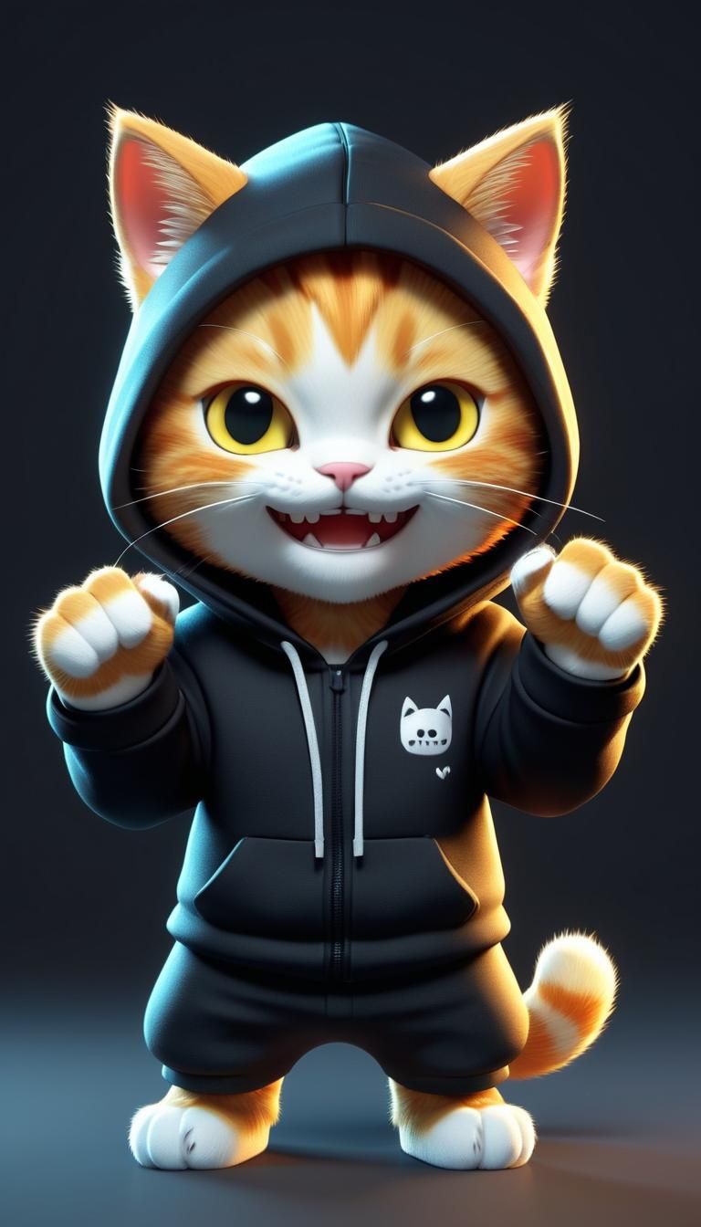 Smiling Kitten in Hoodie, Anime-Inspired 3D Art