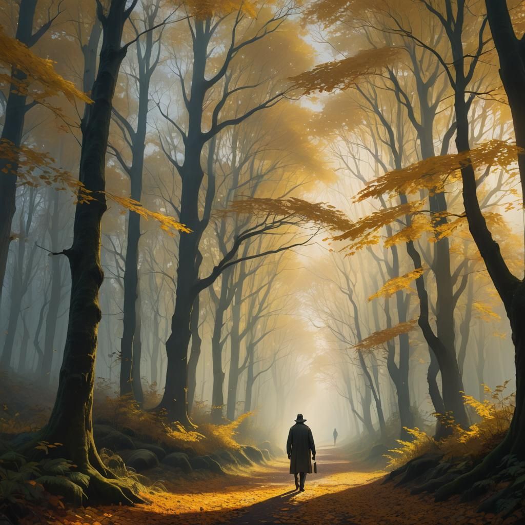 Misty Forest Path: Surreal Oil Painting in Triadic Colors