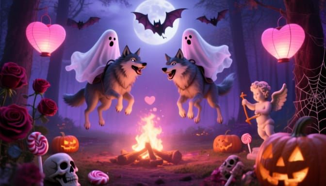 Moonlit Forest Clearing with Ghosts and Werewolves