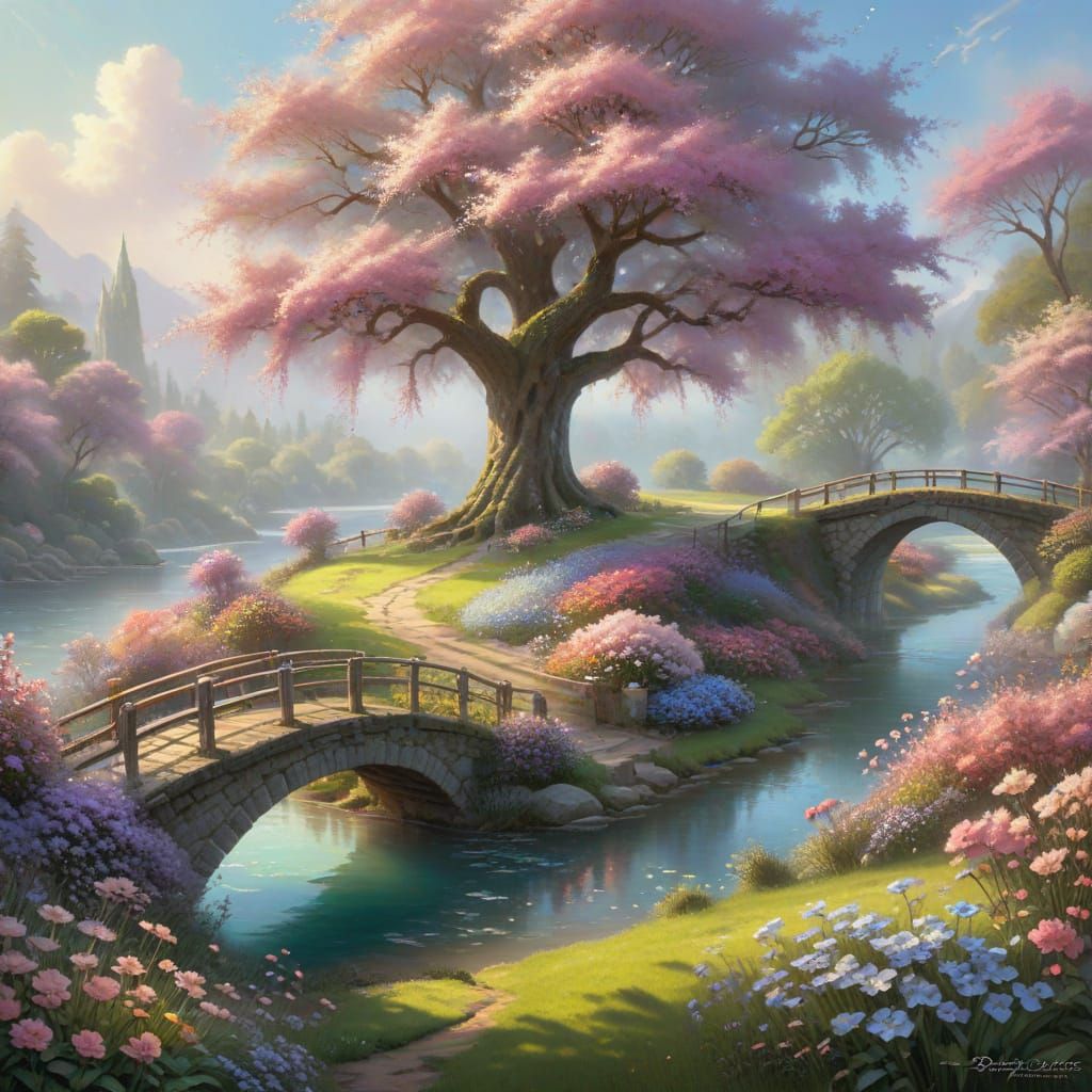 Ethereal Fantasy Landscape with Blossoms in Kinkade Style