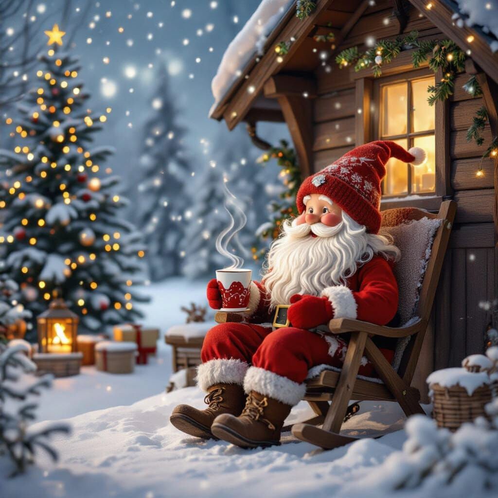 Cozy Tomte by Fireplace with Hot Chocolate, Snowy Magic