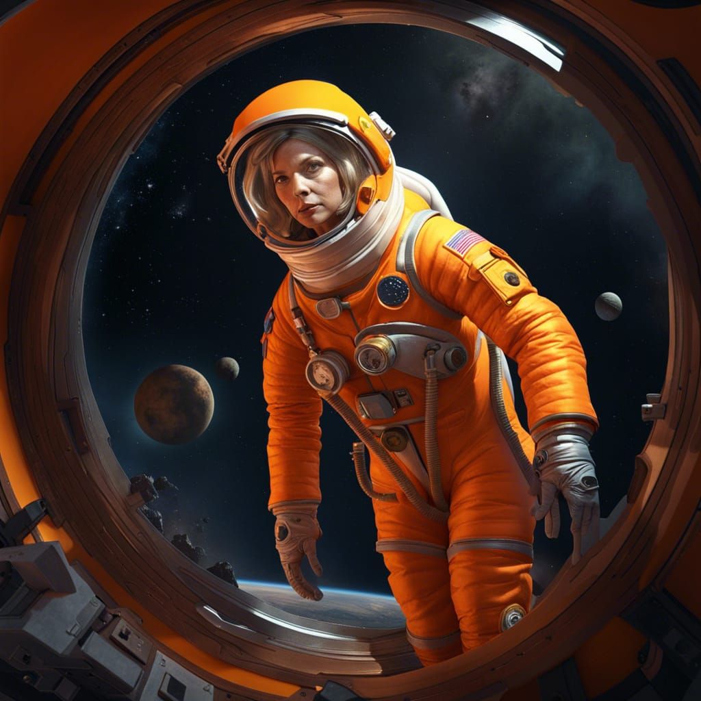 Astronaut in Orange Spacesuit: Detailed Matte Painting
