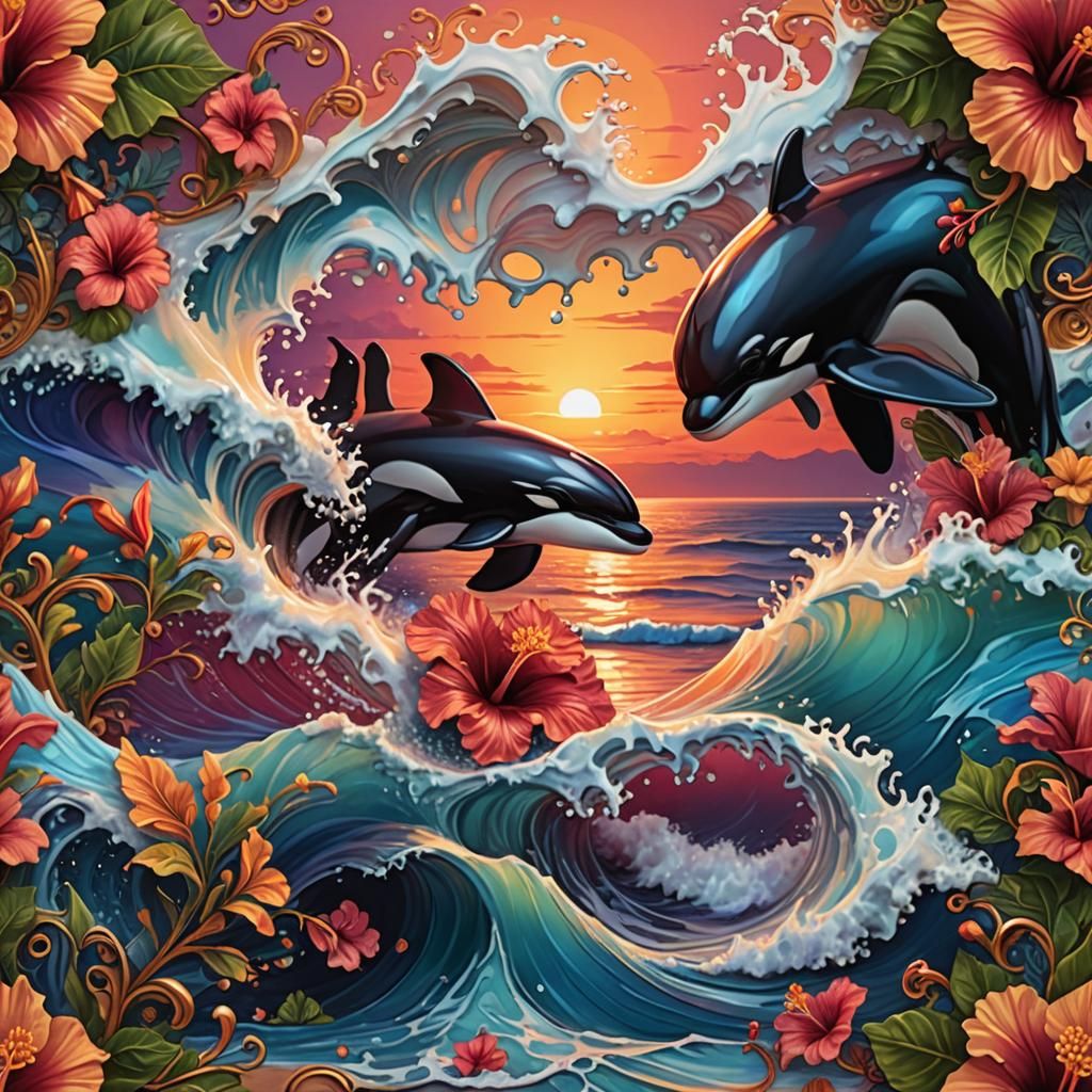 Iridescent Orca Sunset: Hyperrealistic Splash Art